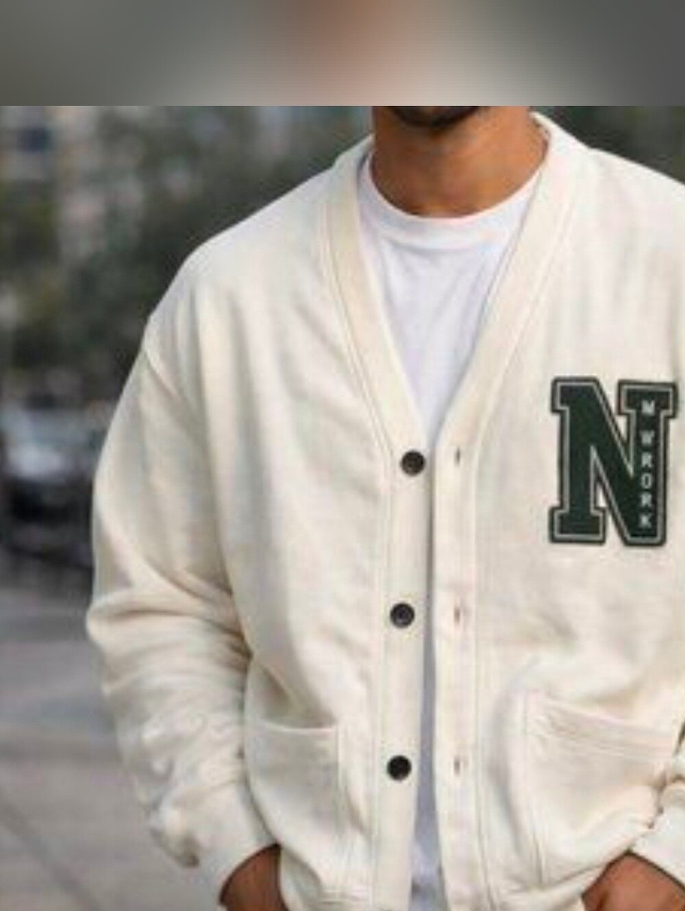Abercrombie and Fitch men’s oversized button up cream letterman cardigan fleece